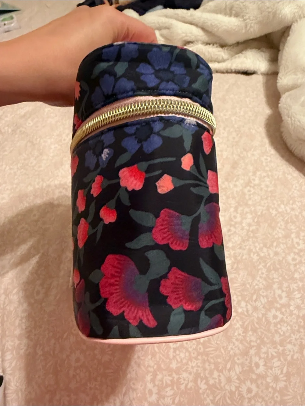 Carolina Herrera Navy Floral Cosmetic Travel Case with Pink Trim